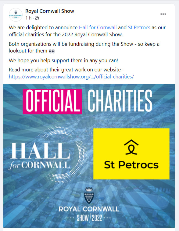 Image containing text announcing St Petrocs as one of the official charities of the Royal Cornwall Show 2022