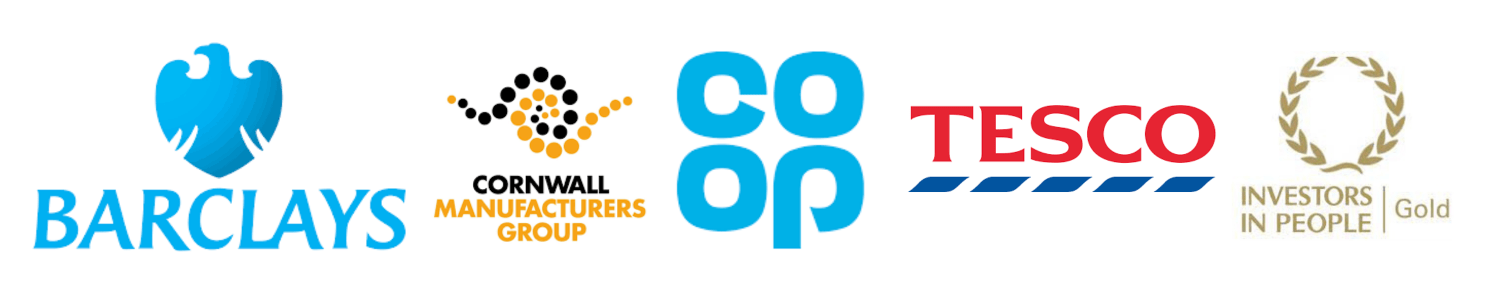 Logos for Barclays, Cornwall Manufacturers Group, Coop, Tesco and Investors in People Gold.