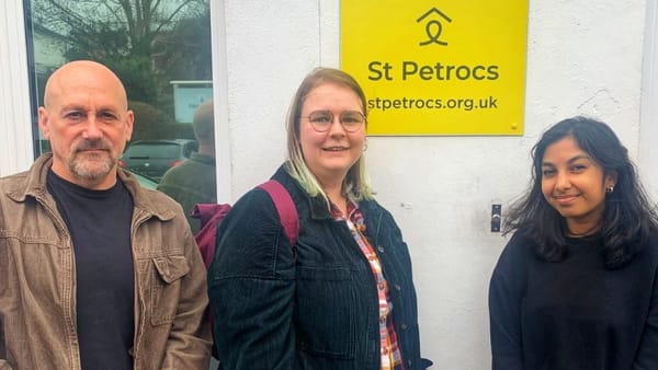 Image of Russell, Director of non- residential services, Rebecca, Homeless Link and Pavan, Fundraising officer stood outside the Truro Recource Centre