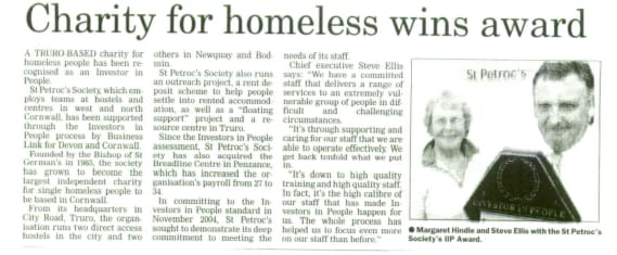 A clipping from the West Briton newspaper, dated 11 August 2005, marking St Petrocs first IIP award.